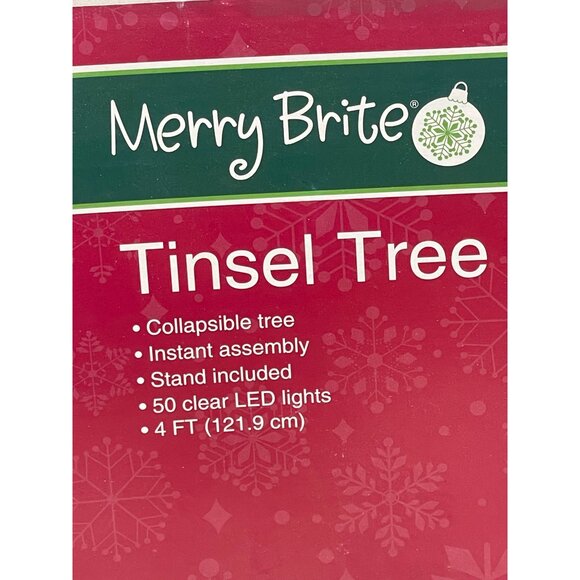 Merry Brite Tinsel tree silver color 50 LED lights 4' Christmas decor READ NEW - Picture 2 of 10